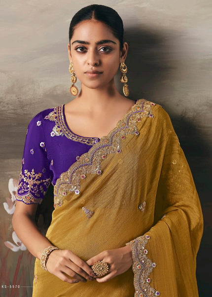 Mustard Yellow and Purple Embroidered Festive Saree