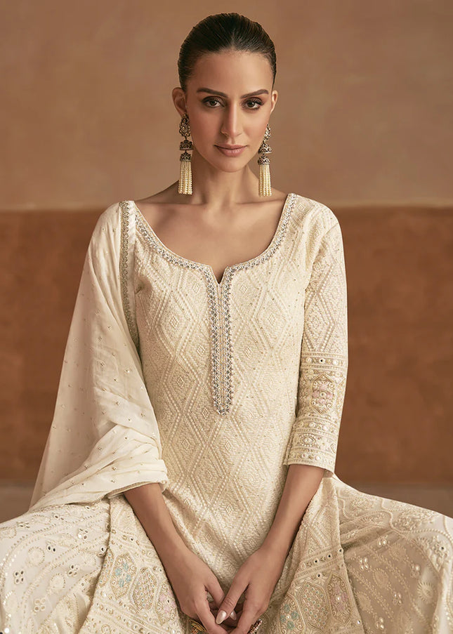 Offwhite Embroidered Palazzo Suit