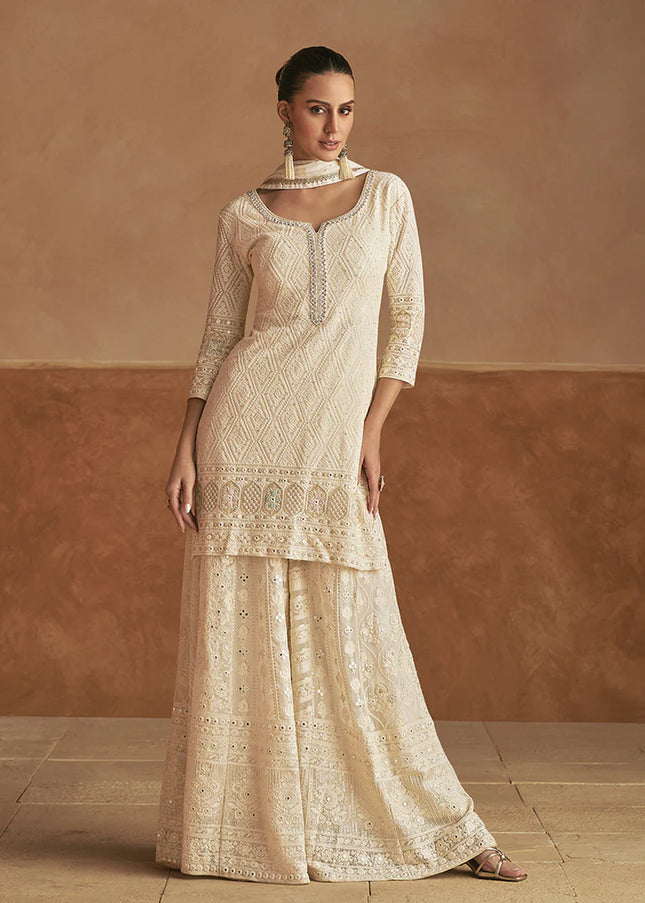 Offwhite Embroidered Palazzo Suit