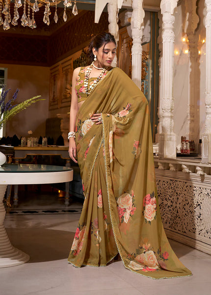 Brown Floral Printed Saree