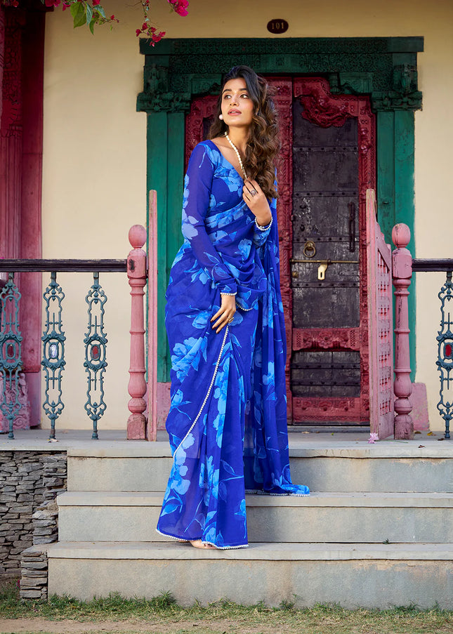 Blue Floral Printed and Embroidered Saree