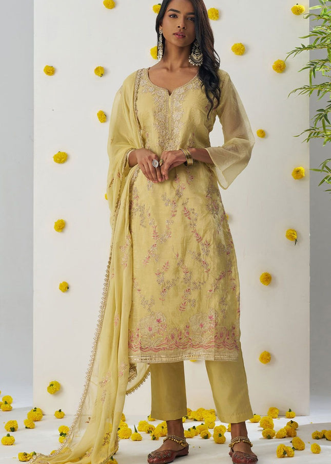 Mustard Yellow Embroidered Pant Suit