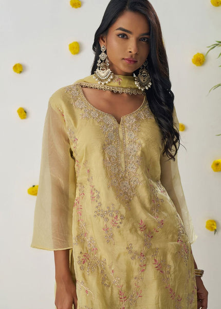 Mustard Yellow Embroidered Pant Suit