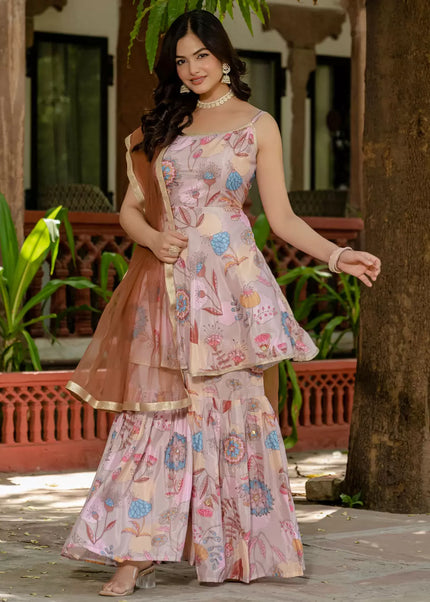 Cream Multicolor Embroidered Gharara Suit
