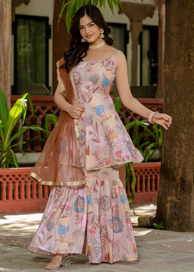 Cream Multicolor Embroidered Gharara Suit