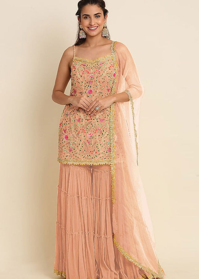 Peach Embroidered Gharara Suit