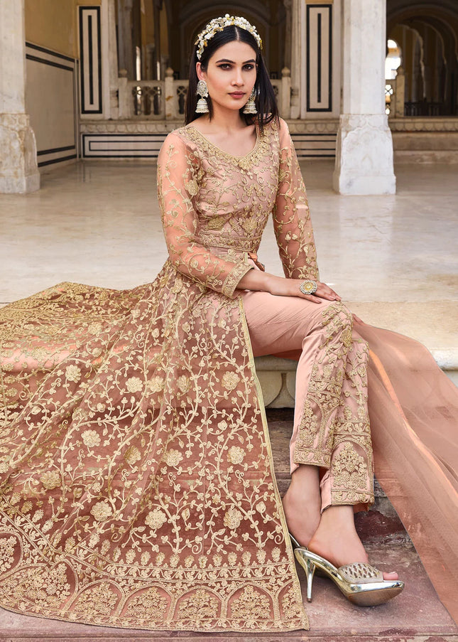 Pink and Gold Embroidered Lehenga/ Pant Style Anarkali