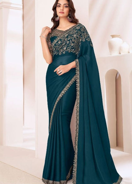 Teal Blue Embroidered Saree