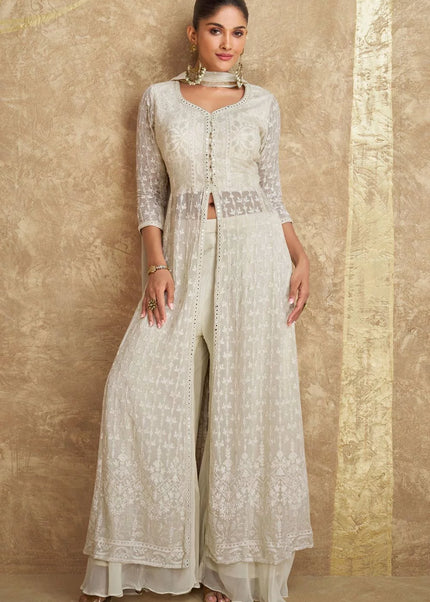 White Embroidered Jacket Style Sharara Suit