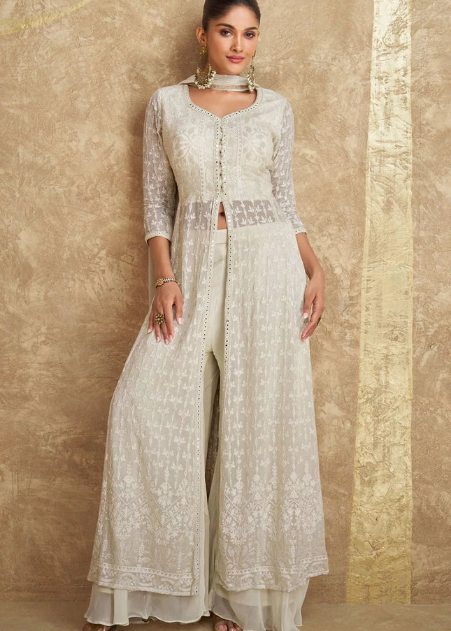 White Embroidered Jacket Style Sharara Suit