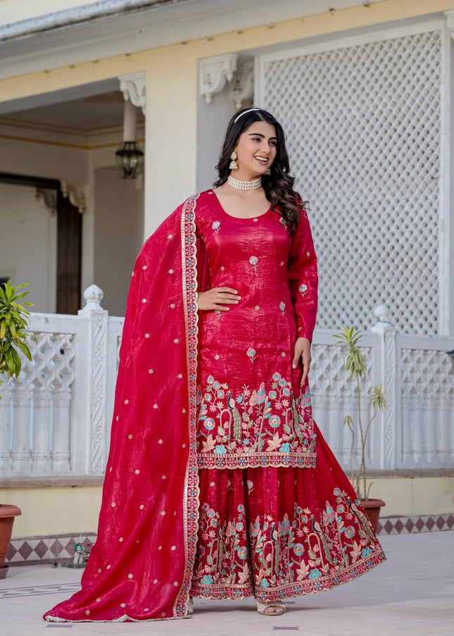 Red Embroidered Gharara Suit