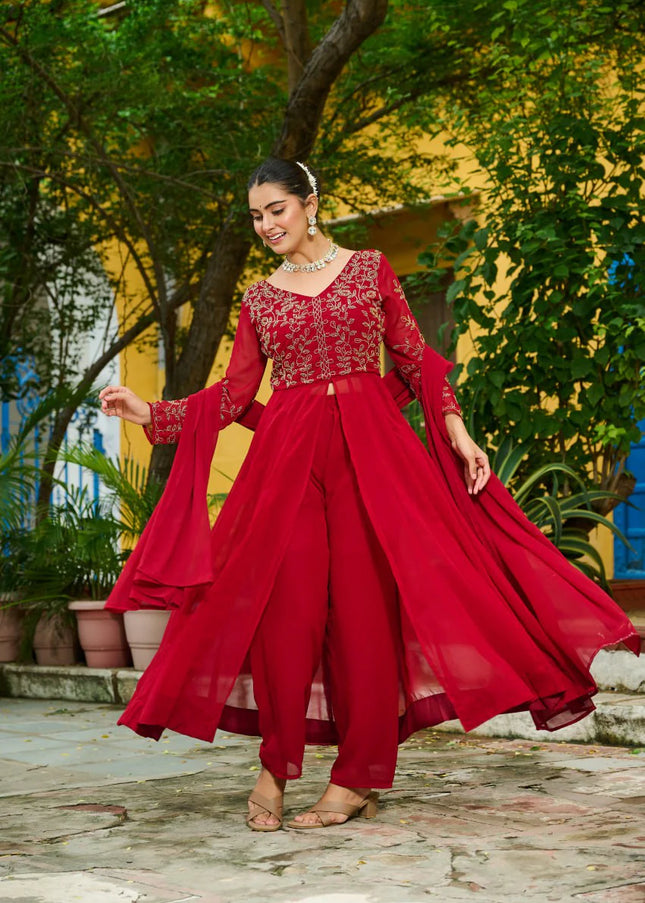 Maroon Embroidered Pant Style Suit