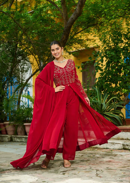 Maroon Embroidered Pant Style Suit