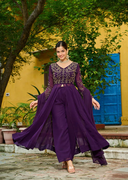 Purple Embroidered Pant Style Suit