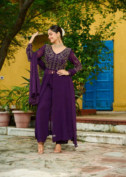 Purple Embroidered Pant Style Suit