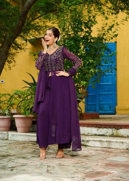 Purple Embroidered Pant Style Suit