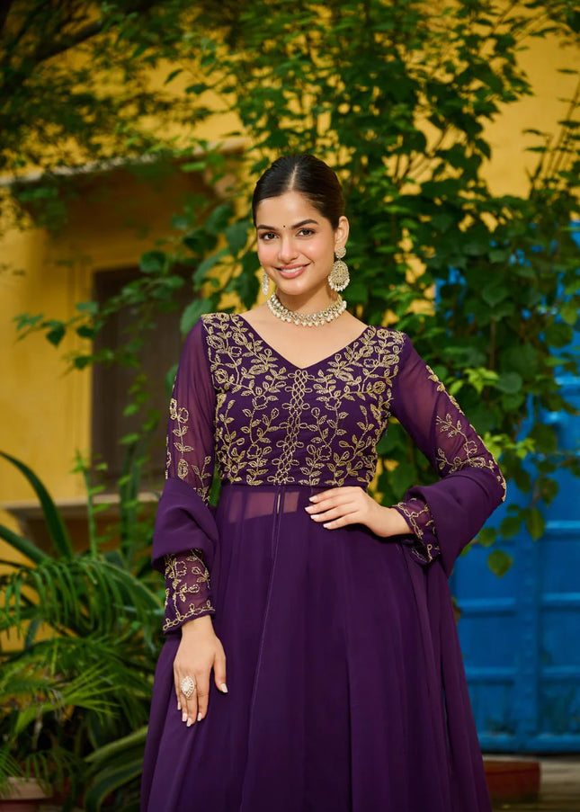 Purple Embroidered Pant Style Suit