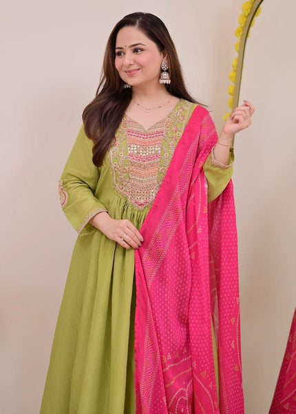 Green Printed and Embroidered Pant Style Suit