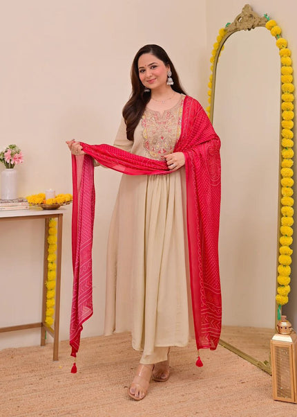 Beige Printed and Embroidered Pant Style Suit