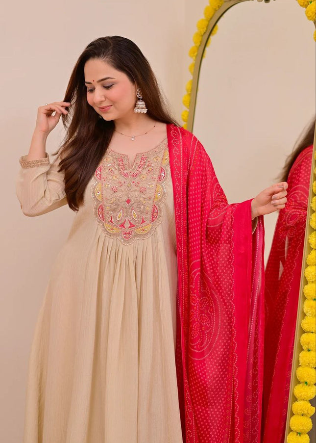 Beige Printed and Embroidered Pant Style Suit