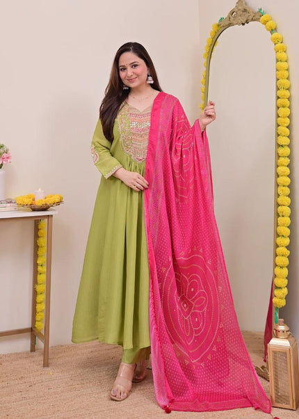 Green Printed and Embroidered Pant Style Suit