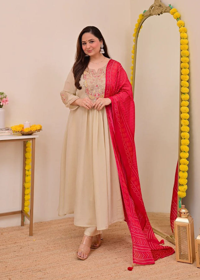 Beige Printed and Embroidered Pant Style Suit
