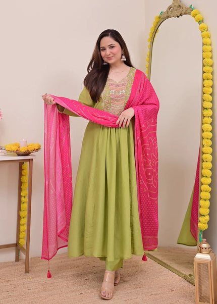 Green Printed and Embroidered Pant Style Suit