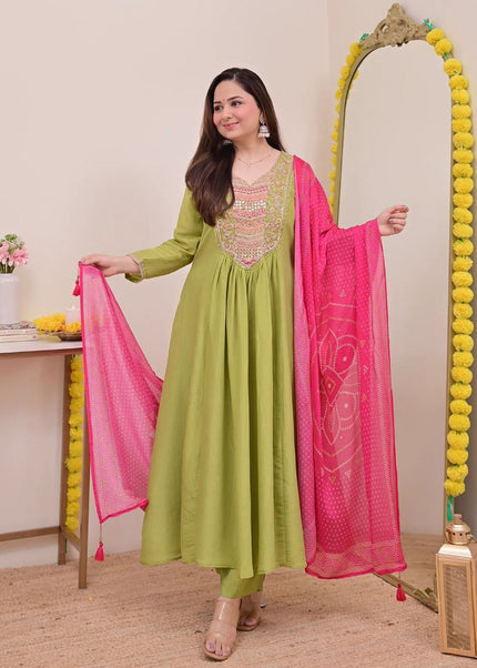 Green Printed and Embroidered Pant Style Suit