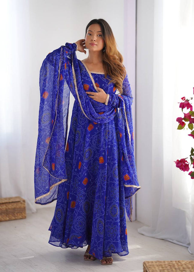 Blue Bandhej Anarkali Gown