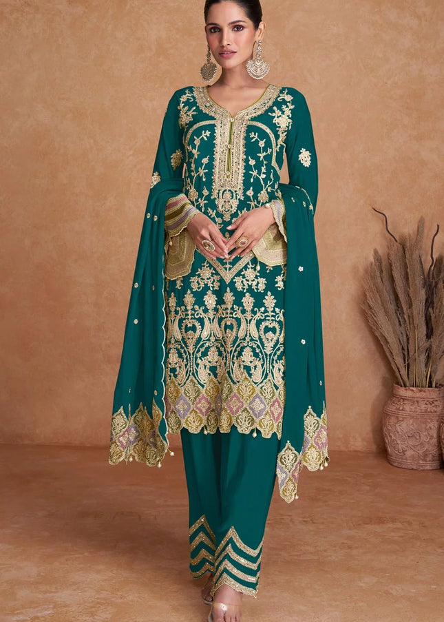 Dark Green Embroidered Salwar Style Pant Suit