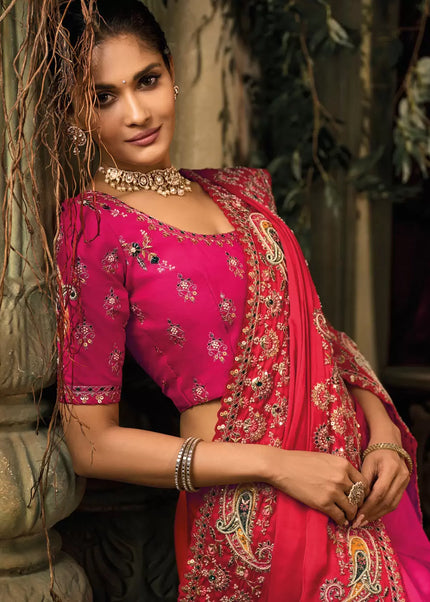 Pink and Red Embroidered Saree