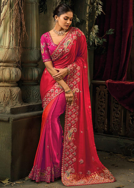 Pink and Red Embroidered Saree