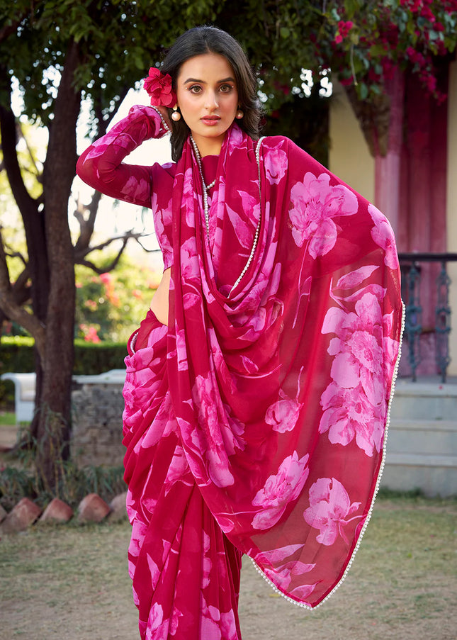 Pink Floral Printed and Embroidered Saree