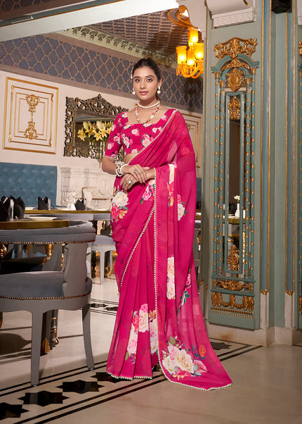 Pink Floral Printed Saree