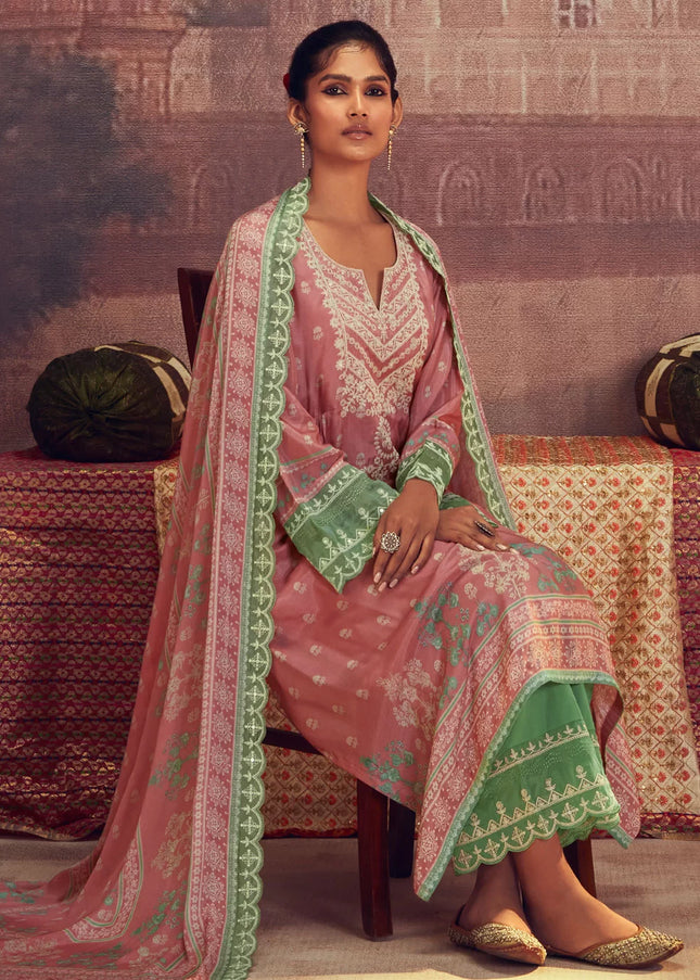 Pink and Green Embroidered Pant Syle Suit