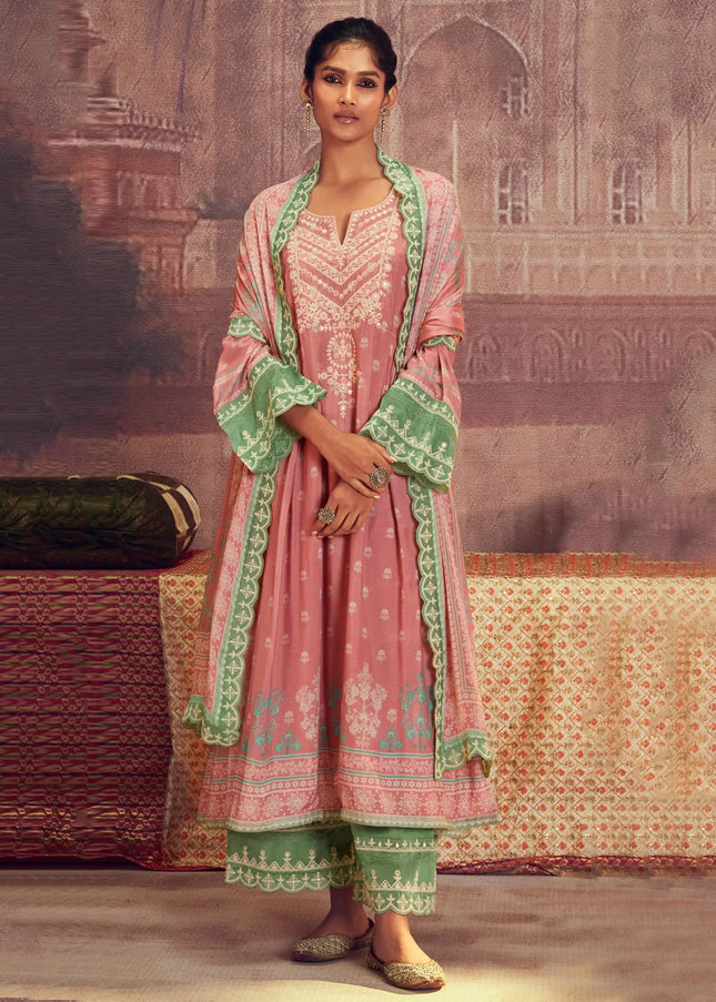 Pink and Green Embroidered Pant Syle Suit