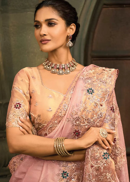 Pink and Beige Embroidered Saree