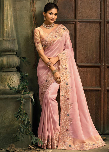Pink and Beige Embroidered Saree