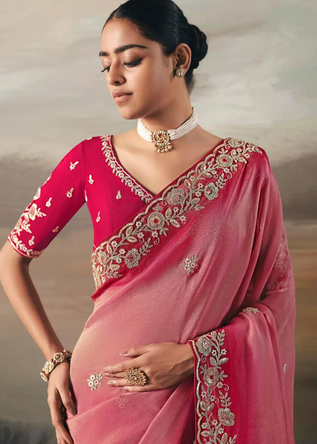 Pink Embroidered Festive Saree