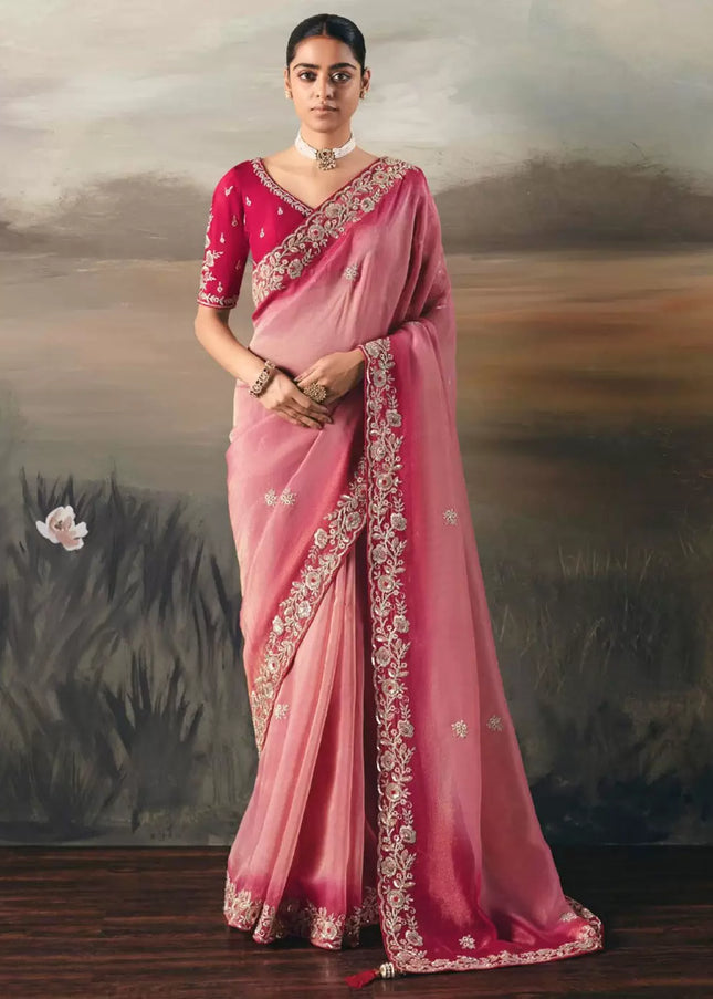 Pink Embroidered Festive Saree