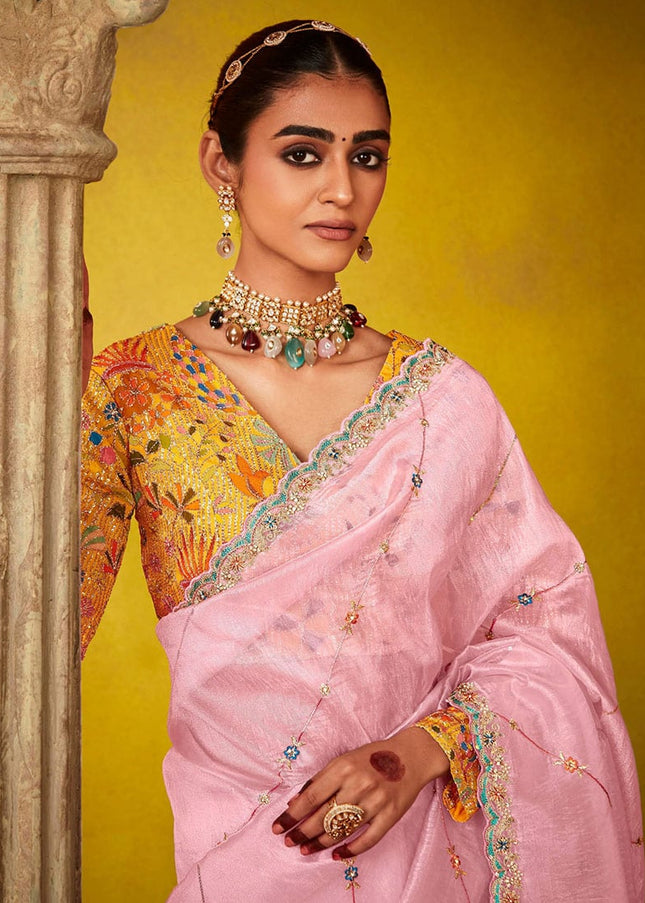 Pink and Yellow Embroidered Festive Saree