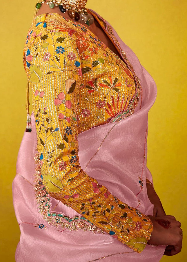 Pink and Yellow Embroidered Festive Saree