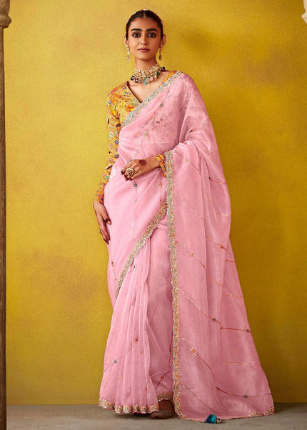 Pink and Yellow Embroidered Festive Saree