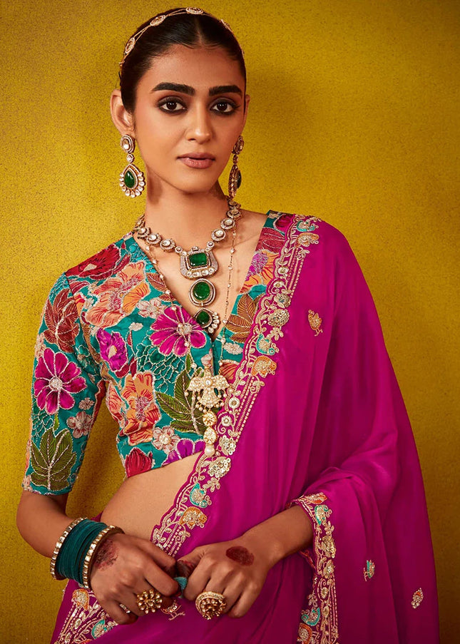 Pink and Teal Embroidered Festive Saree