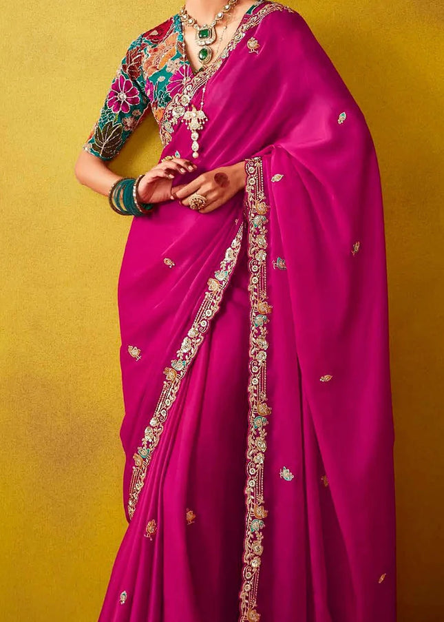 Pink and Teal Embroidered Festive Saree