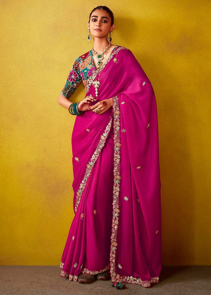 Pink and Teal Embroidered Festive Saree