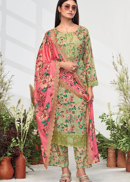 Multicolor Floral Printed and Embroidered Pant Style Suit