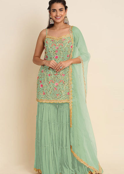 Green Embroidered Gharara Suit