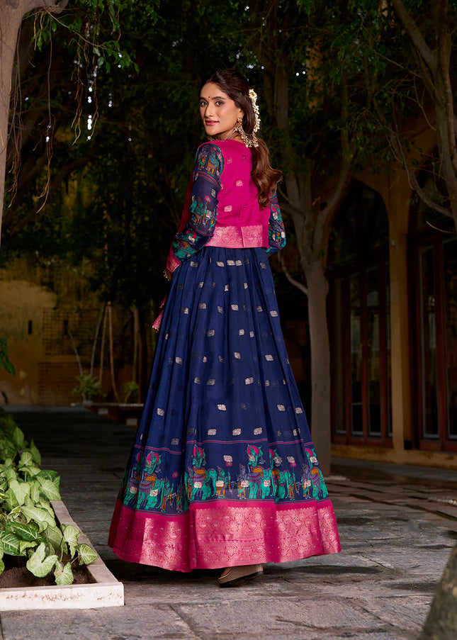 Navy Blue and Pink Printed and Embroidered Jacket Style Anarkali Gown