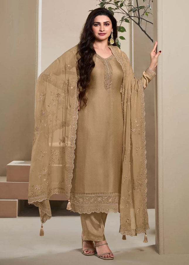 Beige Embroidered Pant Style Suit
